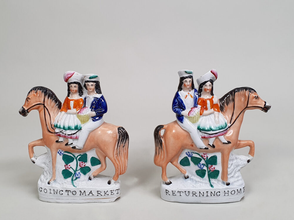 19th century antique ceramic Staffordshire figures - 'Going to Market' & 'Returning Home'