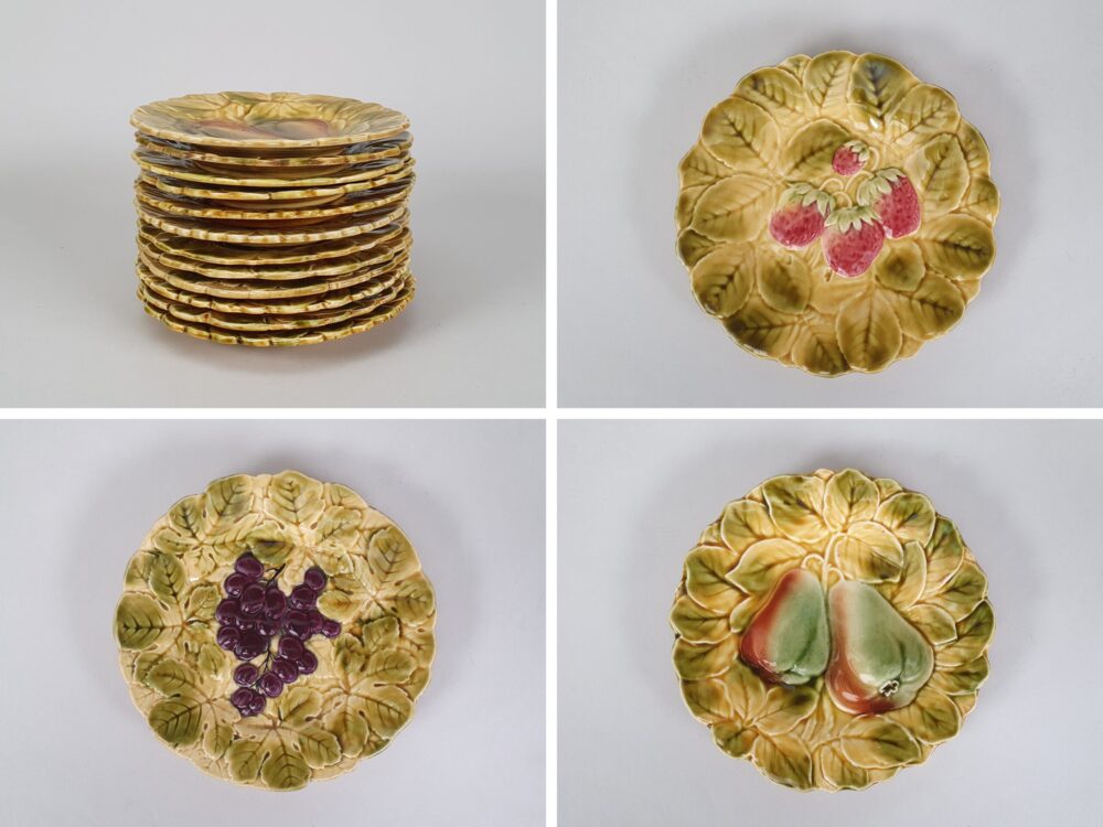 12 antique ceramic Sarreguemines majolica dessert plates