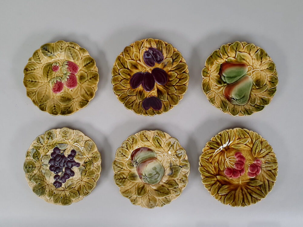 12 antique ceramic Sarreguemines majolica dessert plates