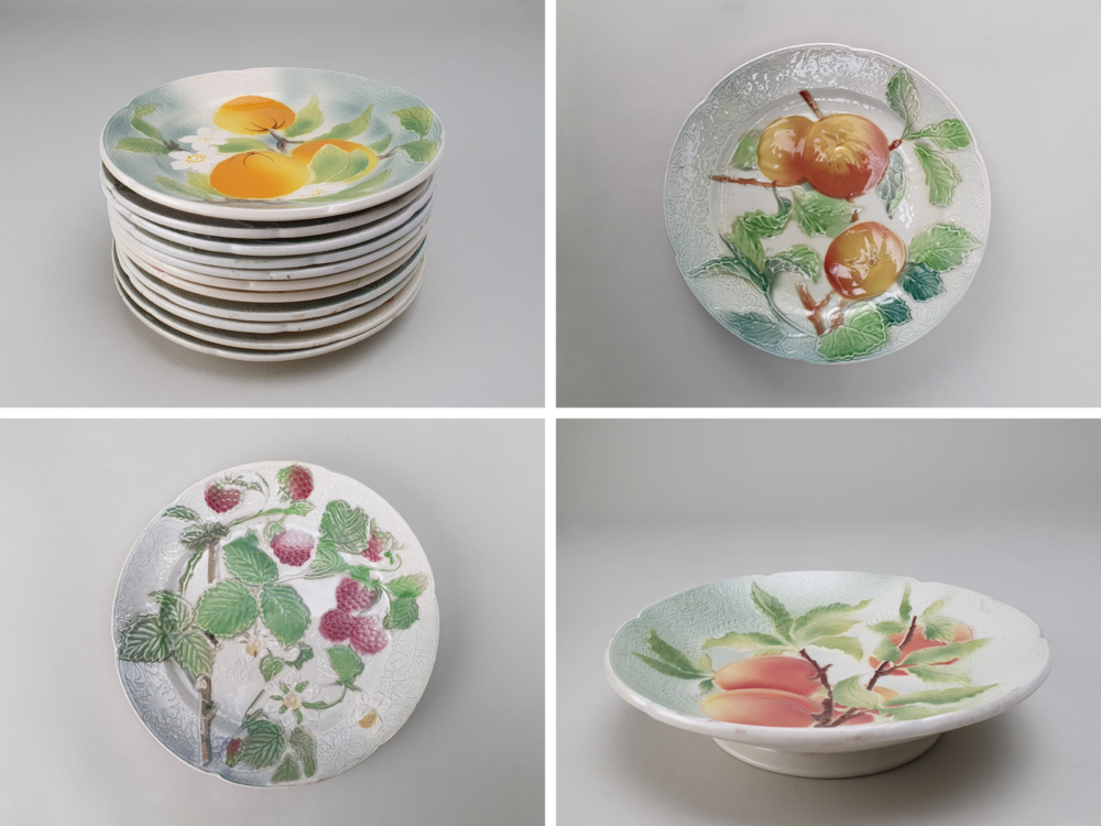 13 antique ceramic French faience Dessert Plates & Compotes, marked K & G, Saint Clement for Keller & Guerin