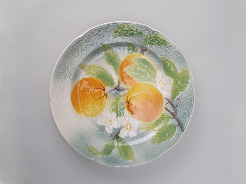 13 antique ceramic French faience Dessert Plates & Compotes, marked K & G, Saint Clement for Keller & Guerin