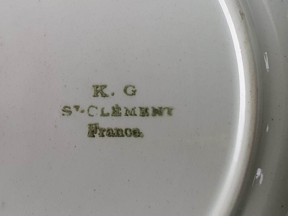 13 antique ceramic French faience Dessert Plates & Compotes, marked K & G, Saint Clement for Keller & Guerin