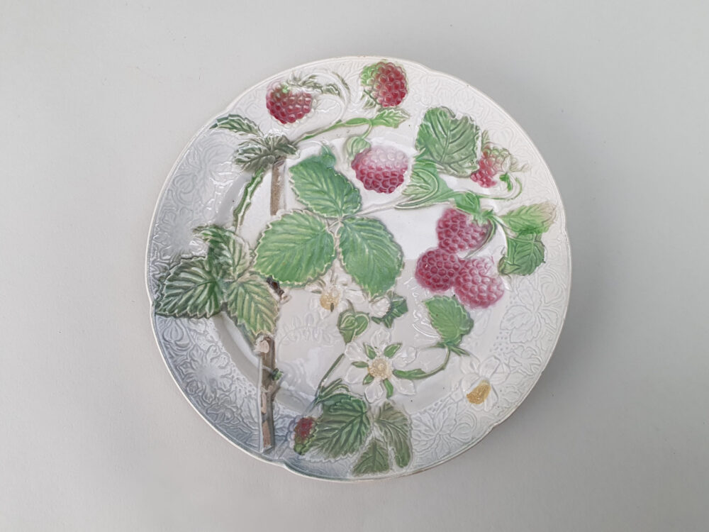 13 antique ceramic French faience Dessert Plates & Compotes, marked K & G, Saint Clement for Keller & Guerin