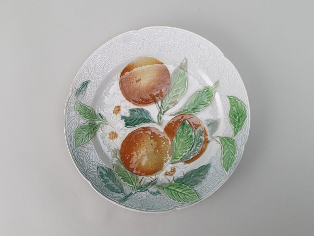 13 antique ceramic French faience Dessert Plates & Compotes, marked K & G, Saint Clement for Keller & Guerin