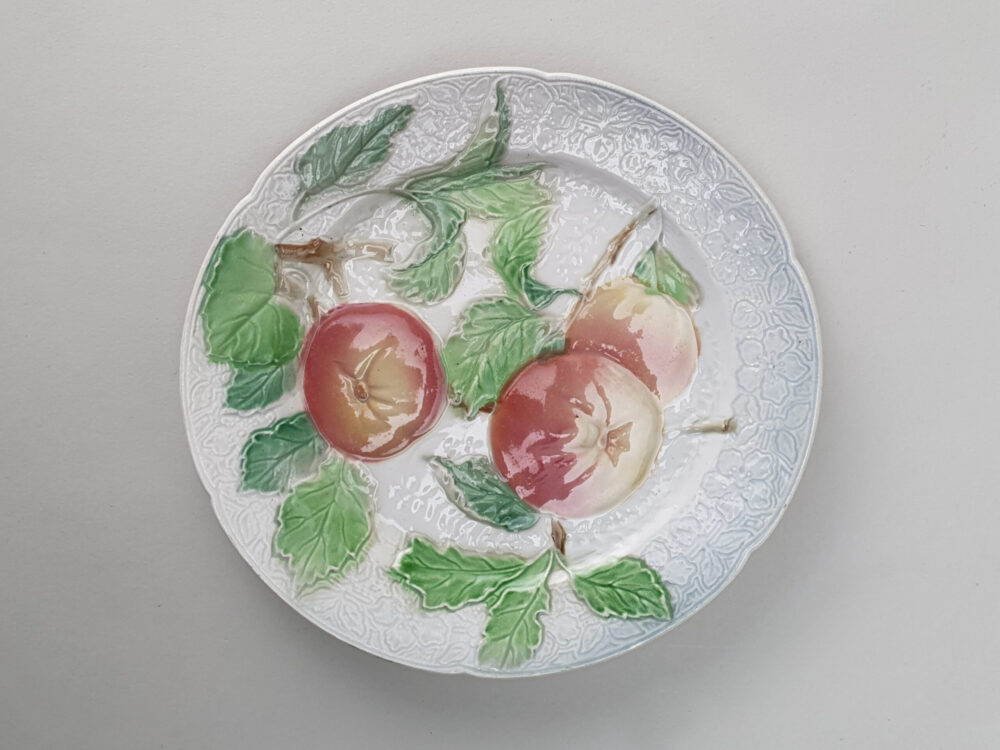 13 antique ceramic French faience Dessert Plates & Compotes, marked K & G, Saint Clement for Keller & Guerin