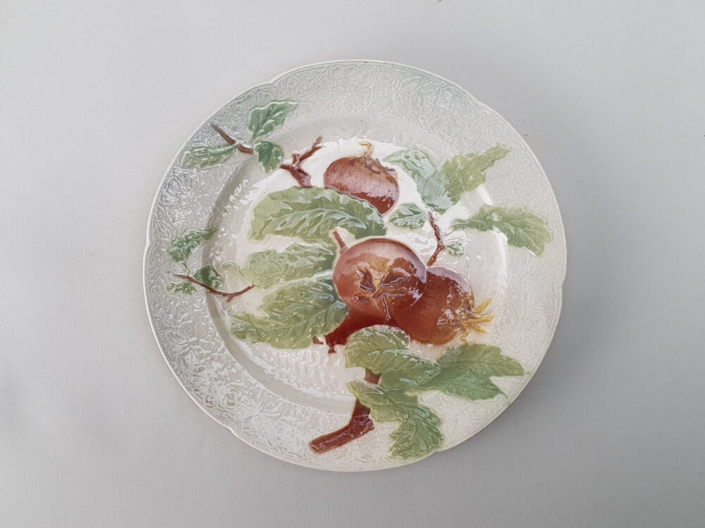 13 antique ceramic French faience Dessert Plates & Compotes, marked K & G, Saint Clement for Keller & Guerin