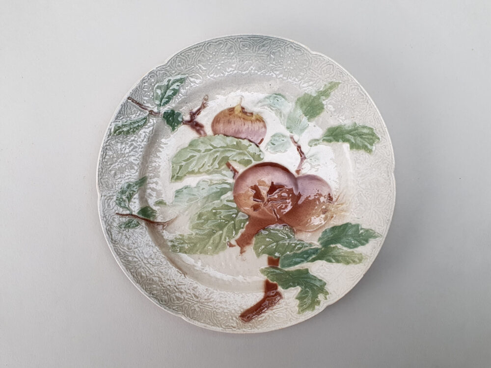 13 antique ceramic French faience Dessert Plates & Compotes, marked K & G, Saint Clement for Keller & Guerin