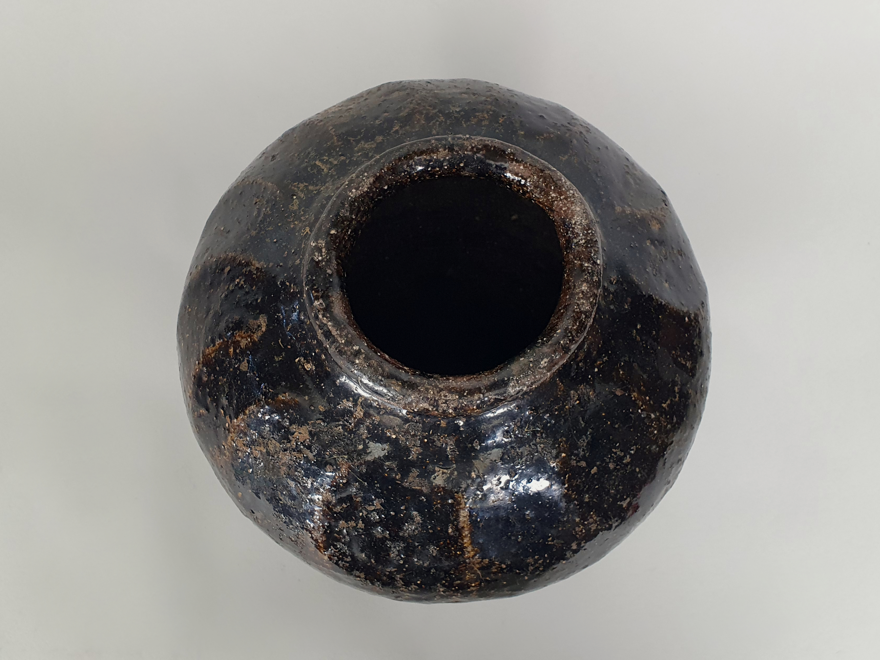 Antique stoneware Chinese wine flagon from above