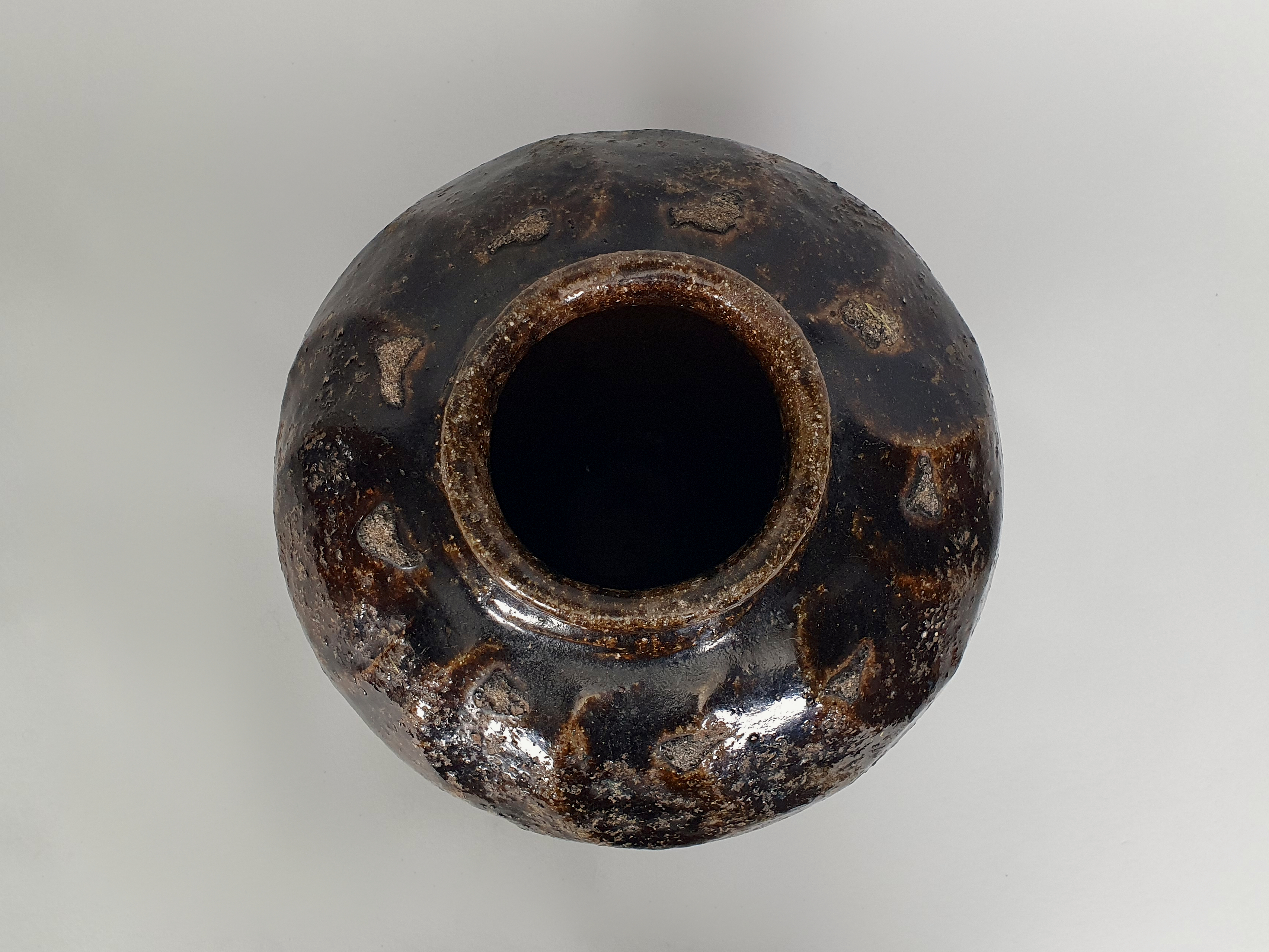 Antique stoneware Chinese wine flagon from above