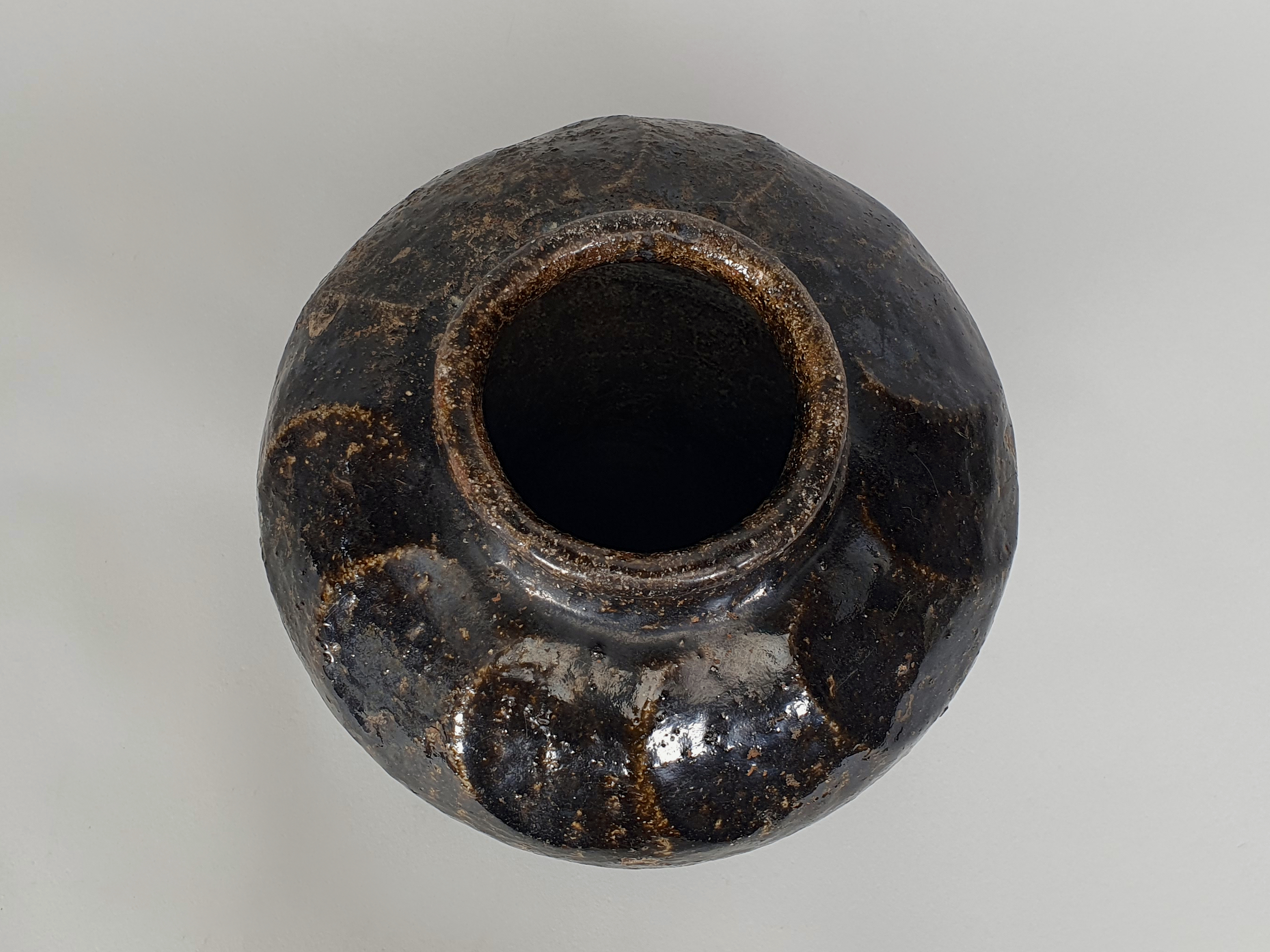 Antique stoneware Chinese wine flagon from above