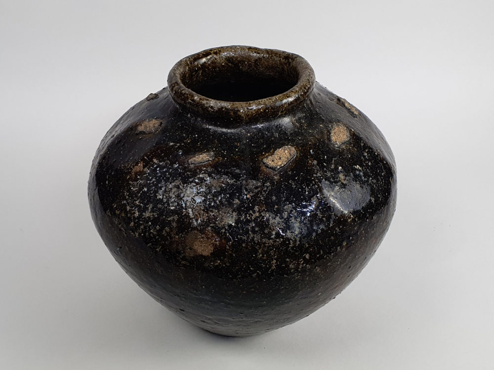 Two 18th century antique ceramic rustic mottled Chinese Wine Flagons