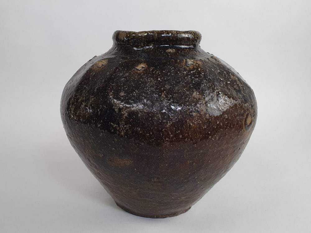 Two 18th century antique ceramic rustic mottled Chinese Wine Flagons