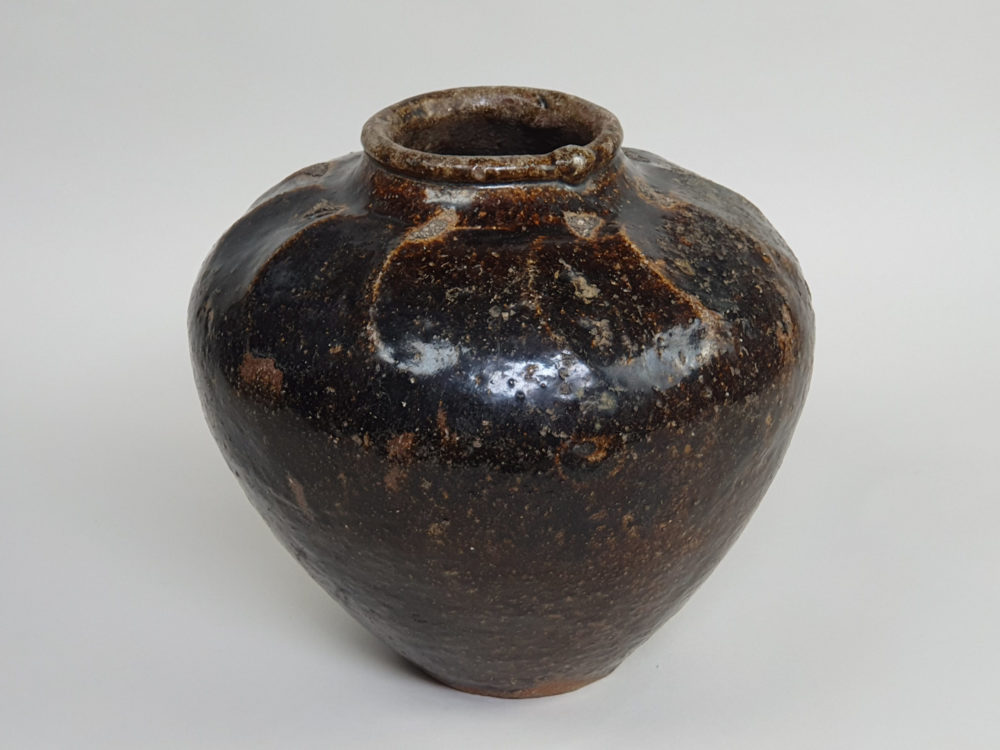 Two 18th century antique ceramic rustic mottled Chinese Wine Flagons