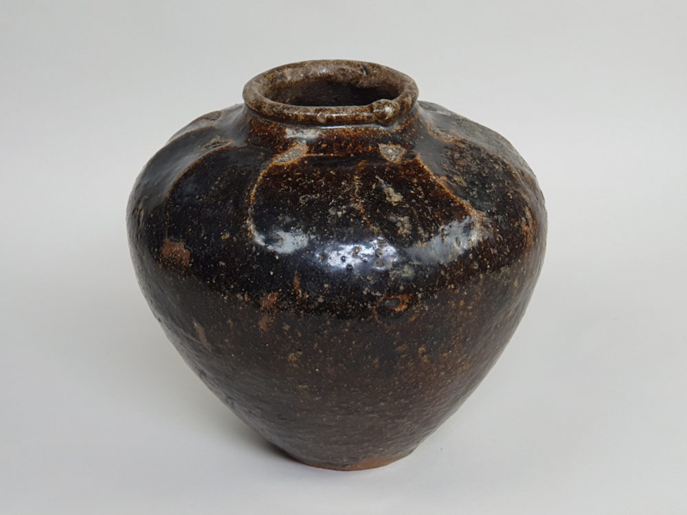 Two 18th century antique ceramic rustic mottled Chinese Wine Flagons