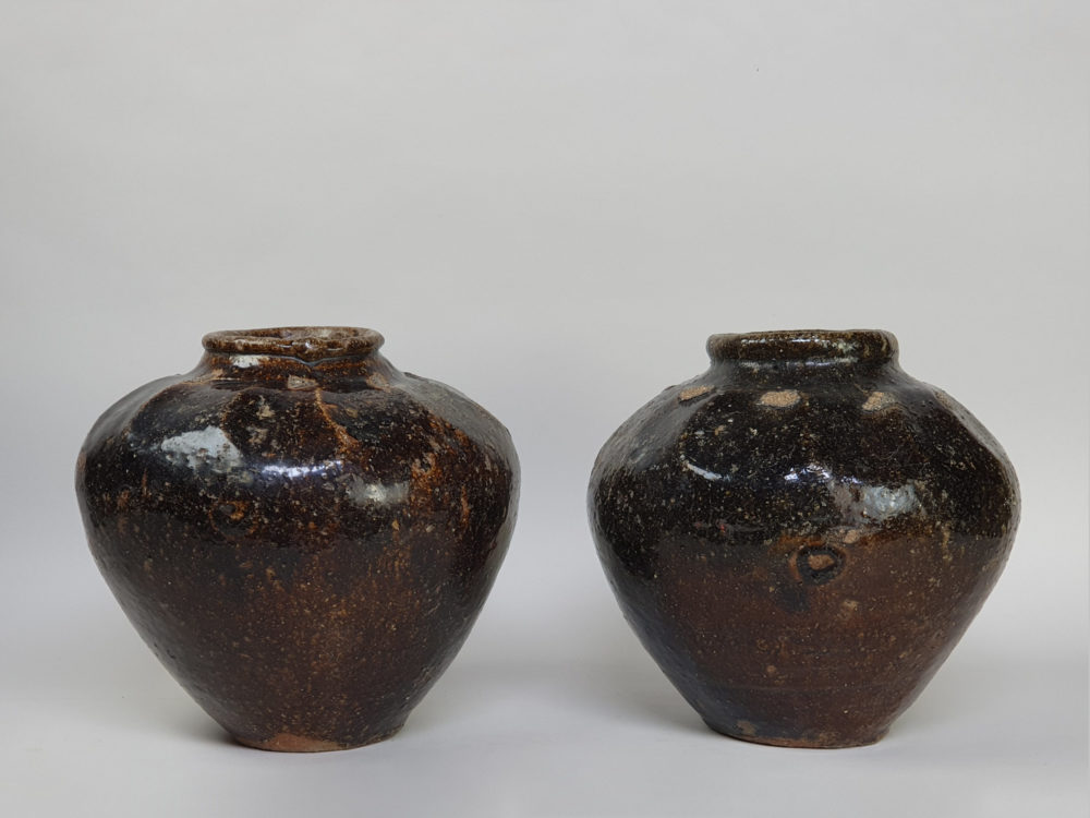 Two 18th century antique ceramic rustic mottled Chinese Wine Flagons