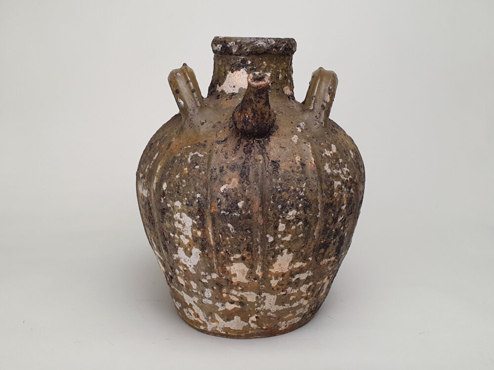 18th century antique rustic pottery French Walnut Oil Jar with green glaze