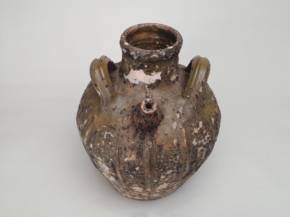 18th century antique rustic pottery French Walnut Oil Jar with green glaze