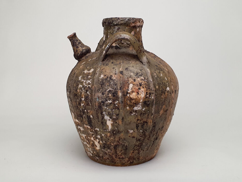 18th century antique rustic pottery French Walnut Oil Jar with green glaze