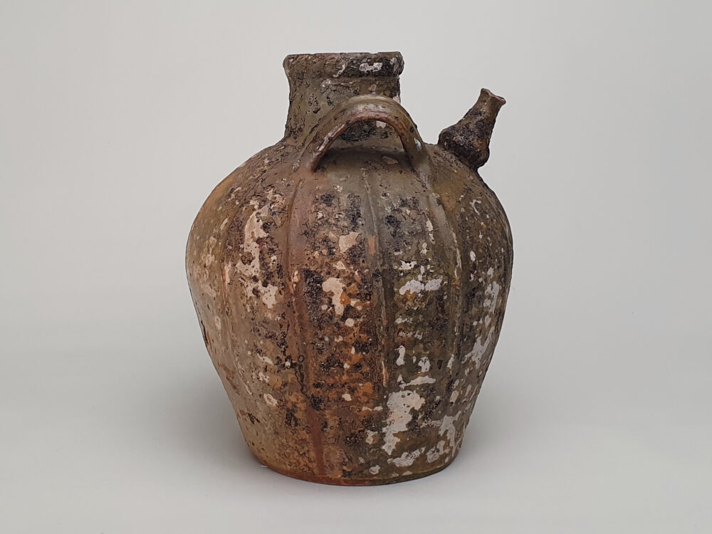 18th century antique rustic pottery French Walnut Oil Jar with green glaze