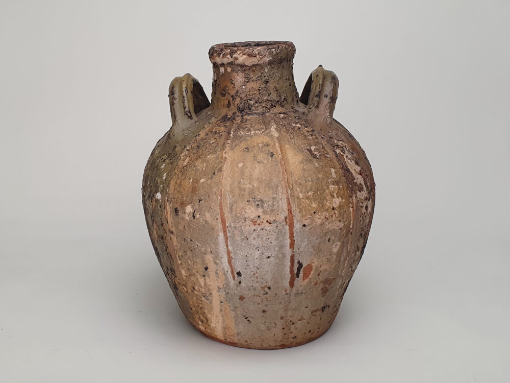 18th century antique rustic pottery French Walnut Oil Jar with green glaze