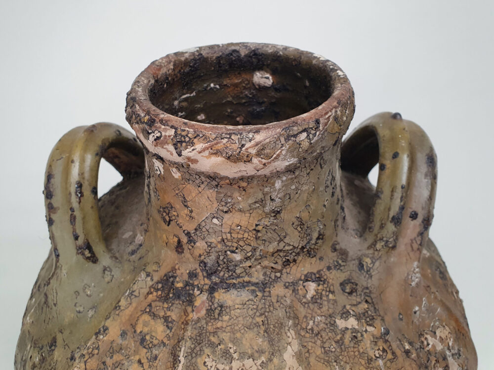 18th century antique rustic pottery French Walnut Oil Jar with green glaze