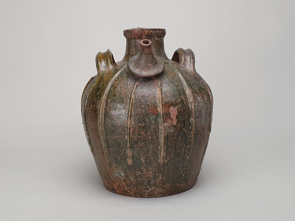 18th century antique rustic pottery French Walnut Oil Jar with green glaze