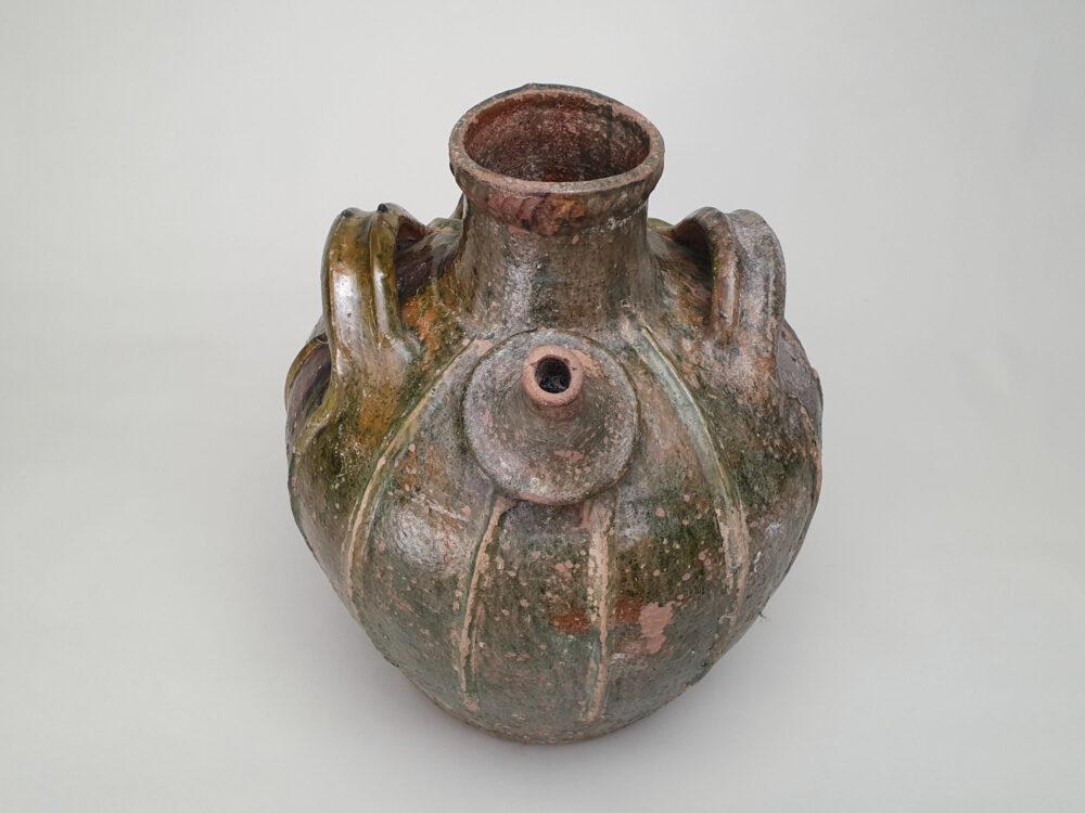 18th century antique rustic pottery French Walnut Oil Jar with green glaze