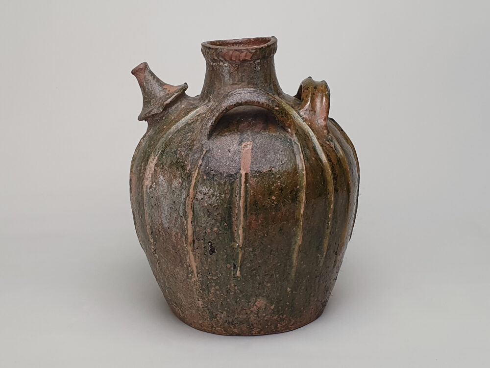 18th century antique rustic pottery French Walnut Oil Jar with green glaze