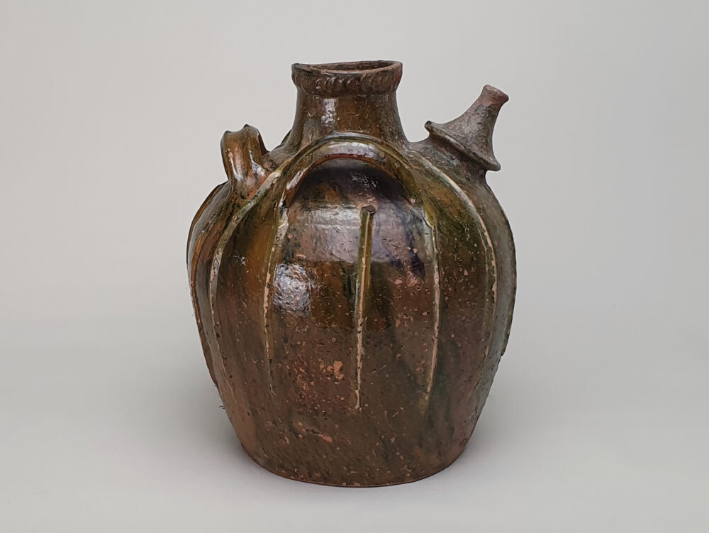 18th century antique rustic pottery French Walnut Oil Jar with green glaze