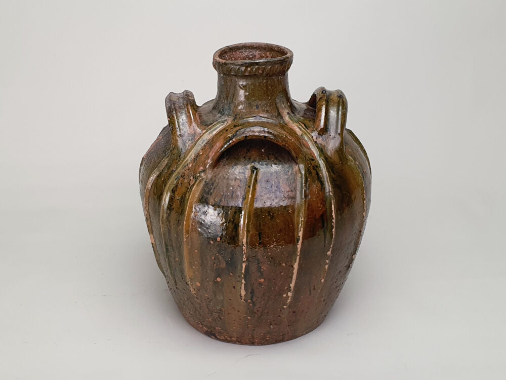 18th century antique rustic pottery French Walnut Oil Jar with green glaze