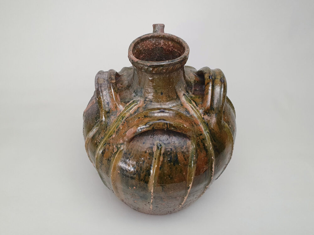 18th century antique rustic pottery French Walnut Oil Jar with green glaze