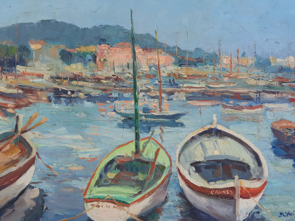1950s oil on canvas of Cannes Harbour