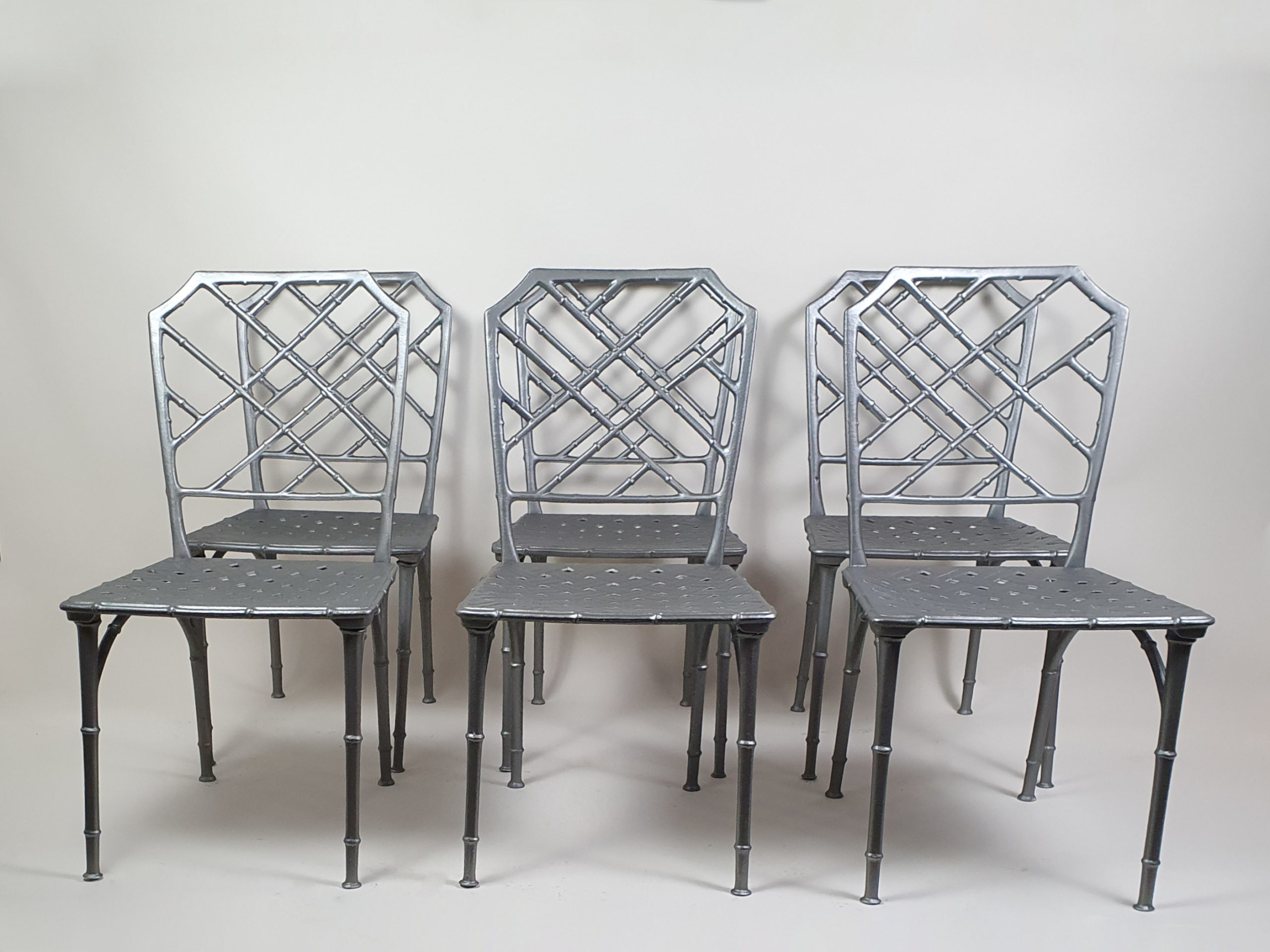 1970s faux bamboo aluminium Table with 6 Chairs, inspired by Brown Jordan in the Chinese Chippendale style