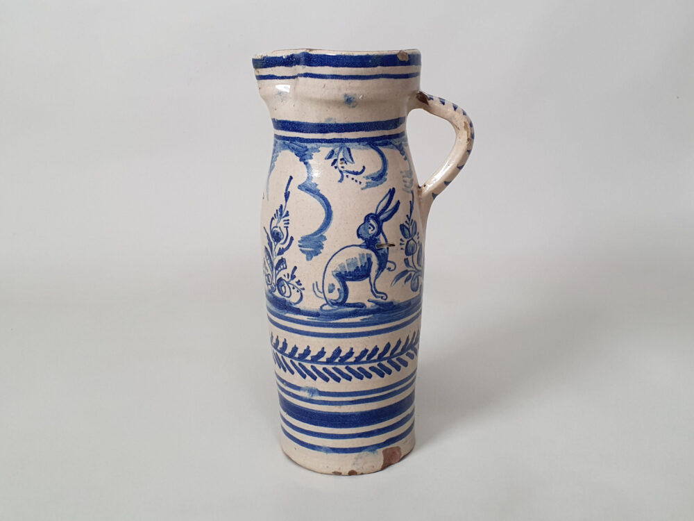 19th century Spanish Talavera blue & white antique ceramic faience Jug