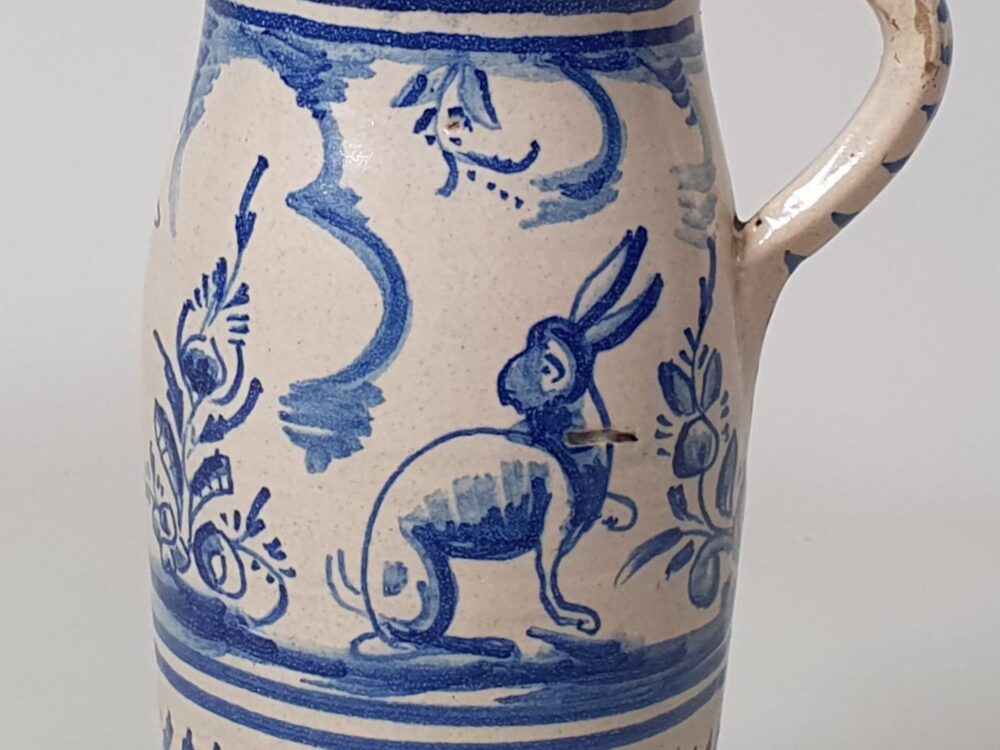 19th century Spanish Talavera blue & white antique ceramic faience Jug