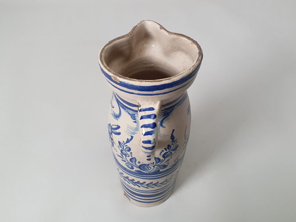 19th century Spanish Talavera blue & white antique ceramic faience Jug