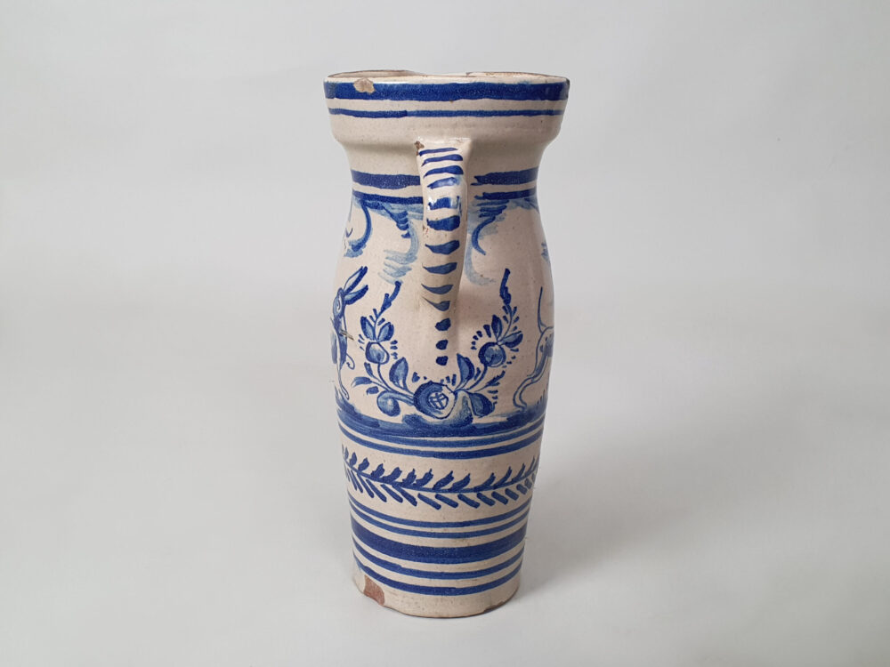 19th century Spanish Talavera blue & white antique ceramic faience Jug