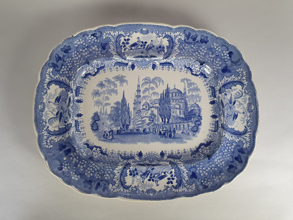 19th century antique Bordeaux Johnston blue and white transfer Meat Dish or Platter in an Oriental Design