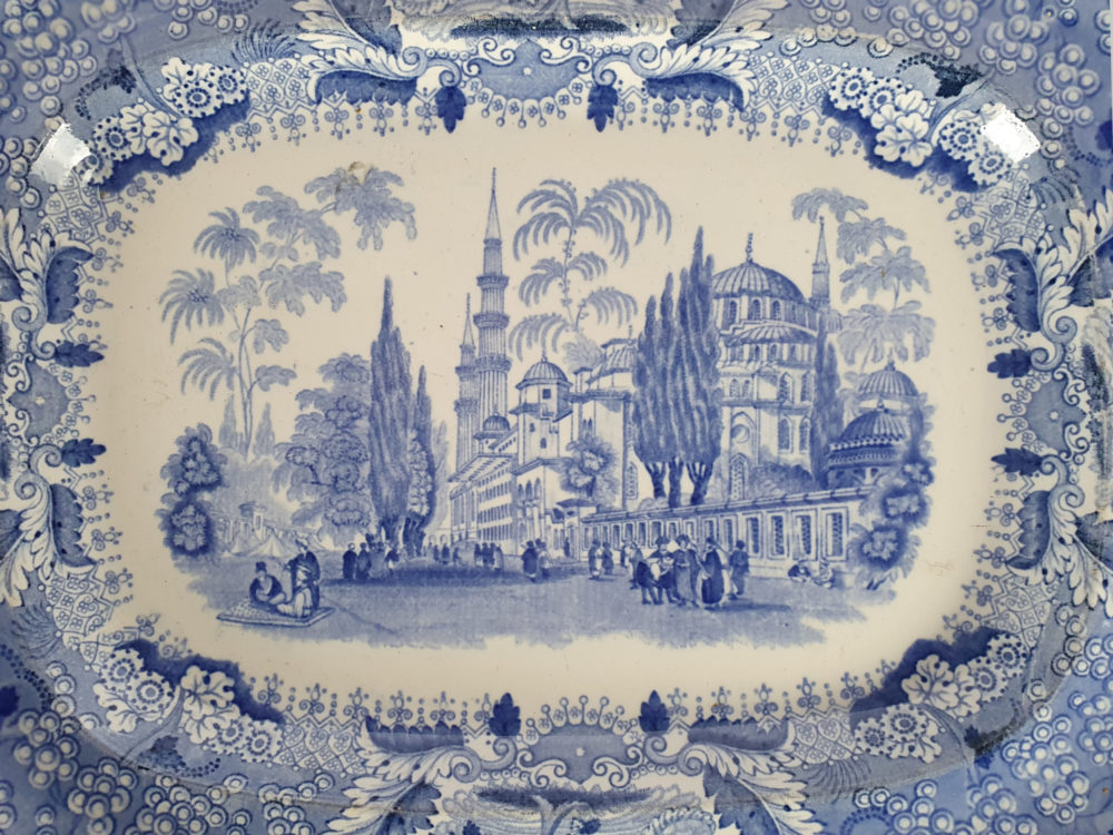 19th century antique Bordeaux Johnston blue and white transfer Meat Dish or Platter in an Oriental Design