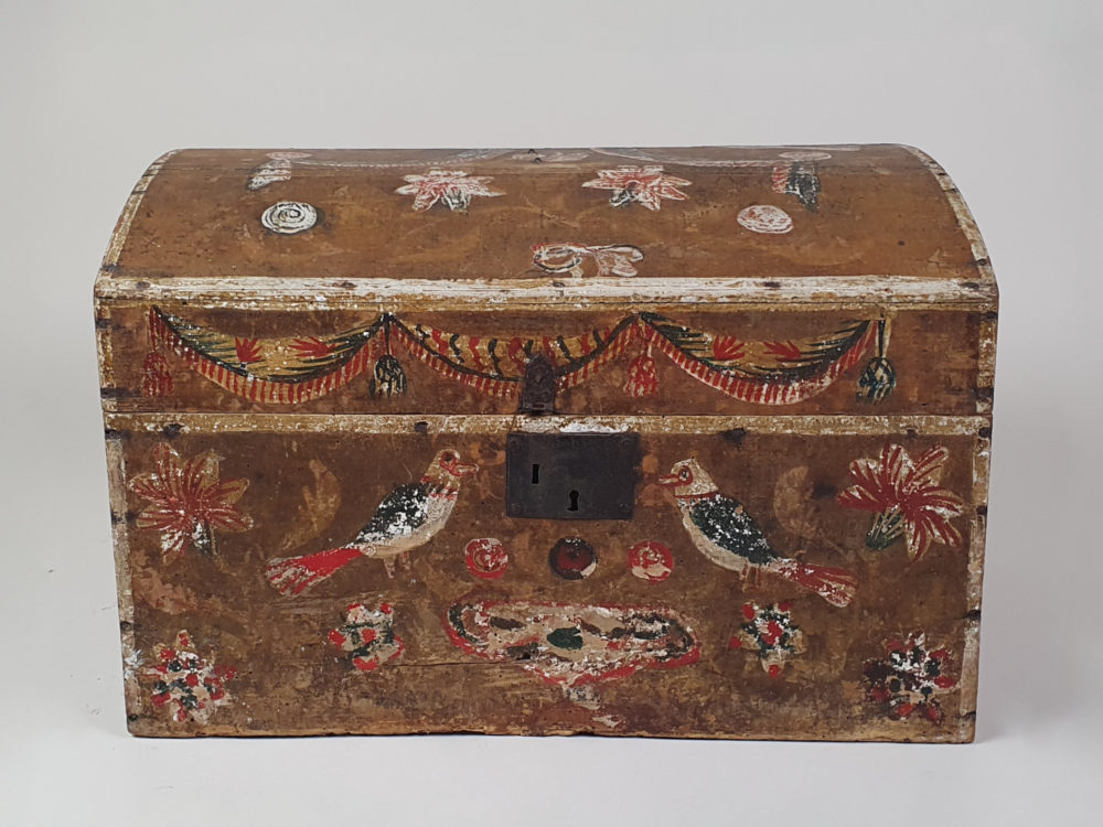 19th century antique Normandy Marriage Box painted with folk art birds