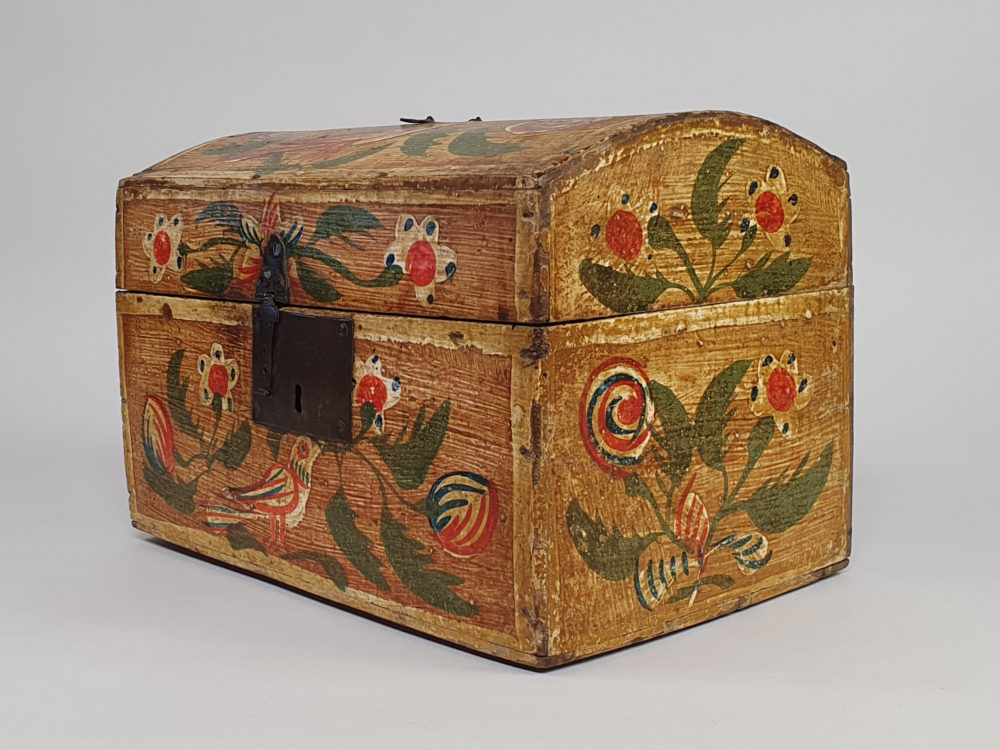 19th century antique Normandy marriage box painted with folk art birds