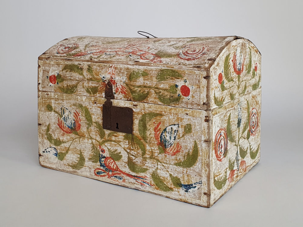 19th century antique Normandy Marriage Box painted with folk art birds