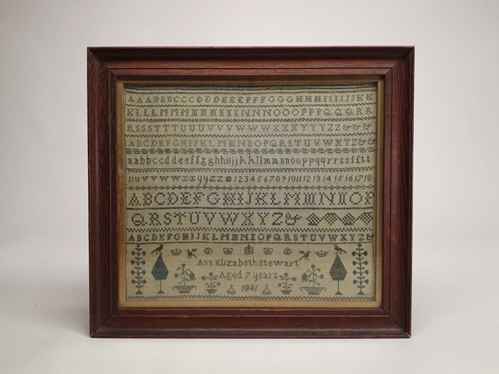 19th century antique embroidery Needlework Sampler, 1841, Ann Elizabeth Stewart, Aged 7