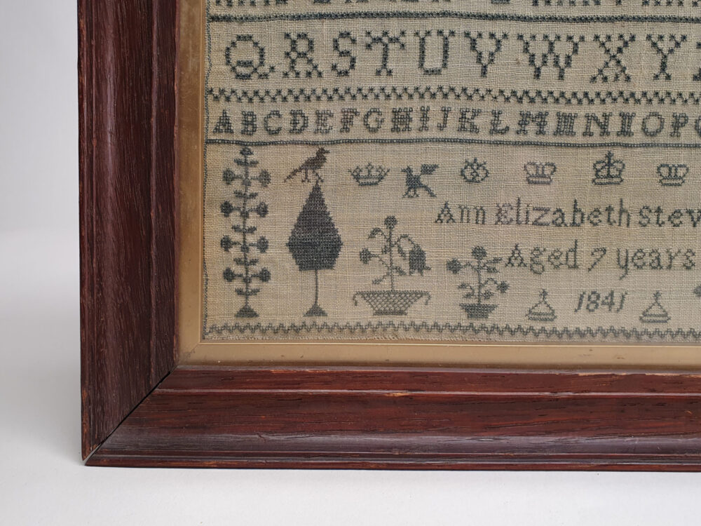 19th century antique embroidery Needlework Sampler, 1841, Ann Elizabeth Stewart, Aged 7