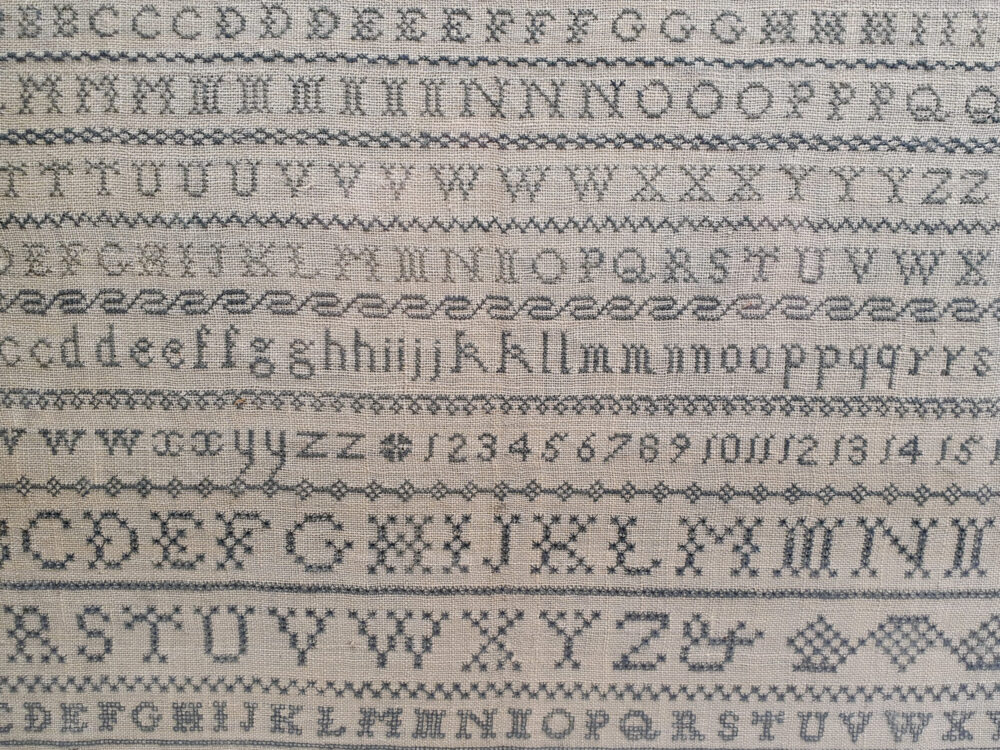 19th century antique embroidery Needlework Sampler, 1841, Ann Elizabeth Stewart, Aged 7