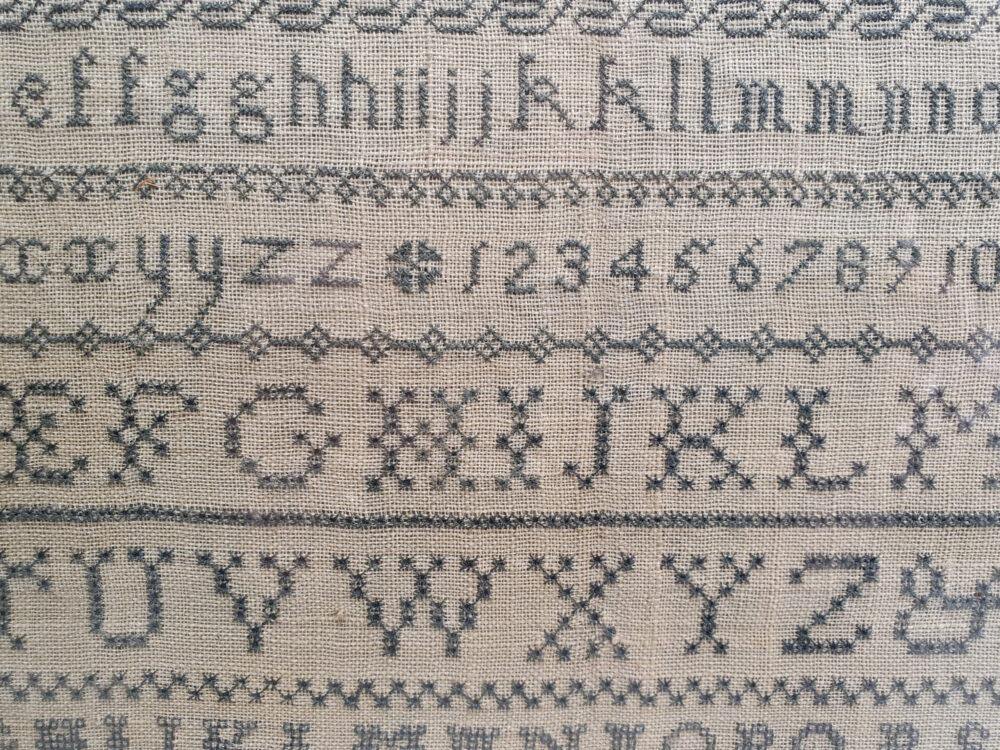 19th century antique embroidery Needlework Sampler, 1841, Ann Elizabeth Stewart, Aged 7