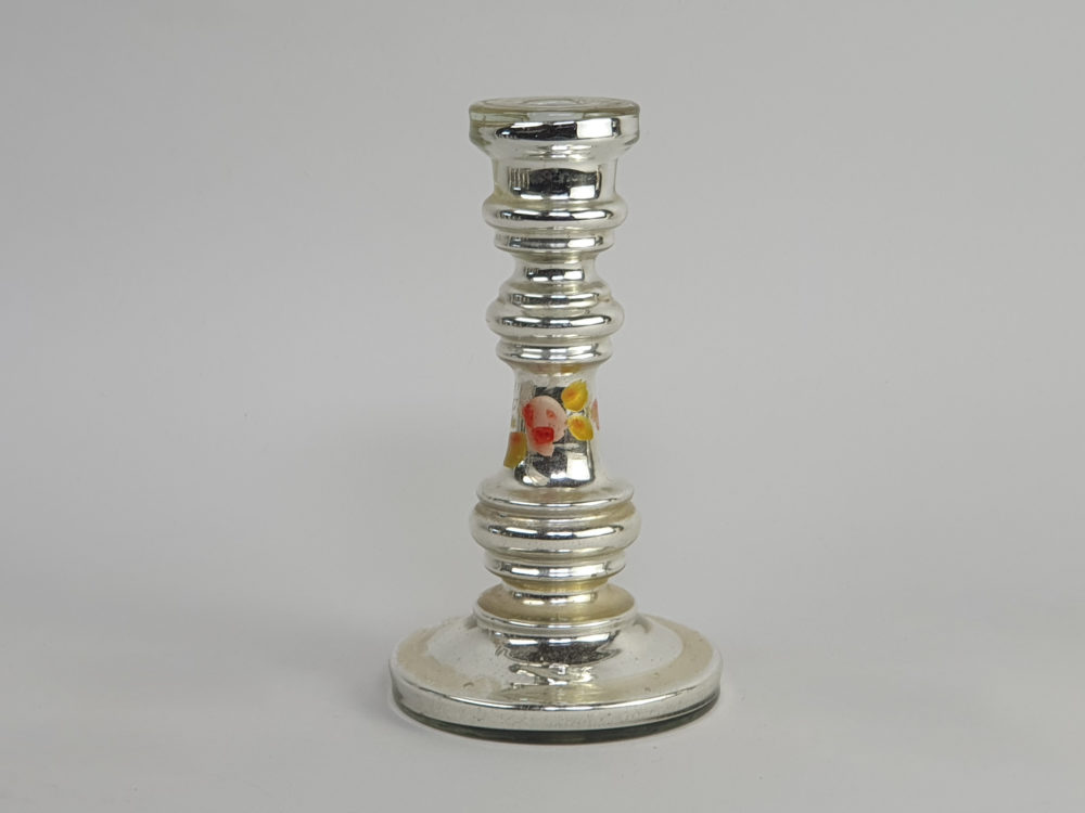 19th century antique mercury glass Candlestick Holder with hand painted floral decoration