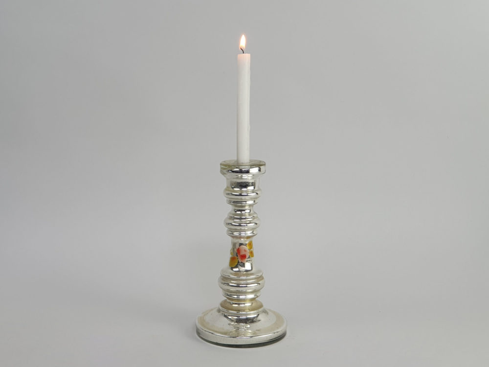19th century antique mercury glass Candlestick Holder with hand painted floral decoration