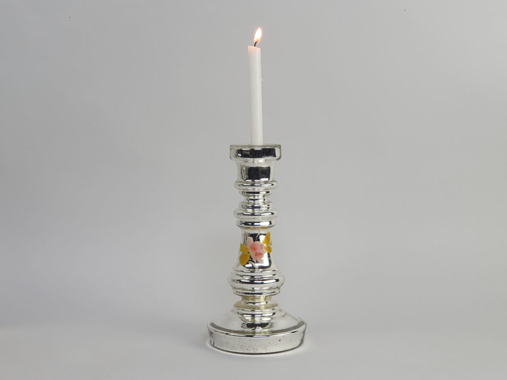 19th century antique mercury glass Candlestick Holder with hand painted floral decoration