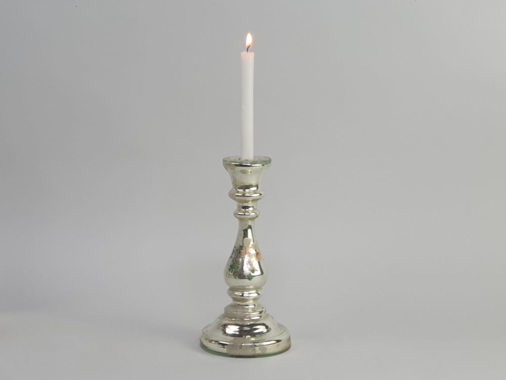 19th century antique mercury glass Candlestick Holder with hand painted floral decoration